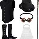 Suhine 6 Pcs Steampunk Halloween Costume Men Steampunk Boot Spats Vest Hat Cane Goggles Renaissance Medieval Accessories (Small)