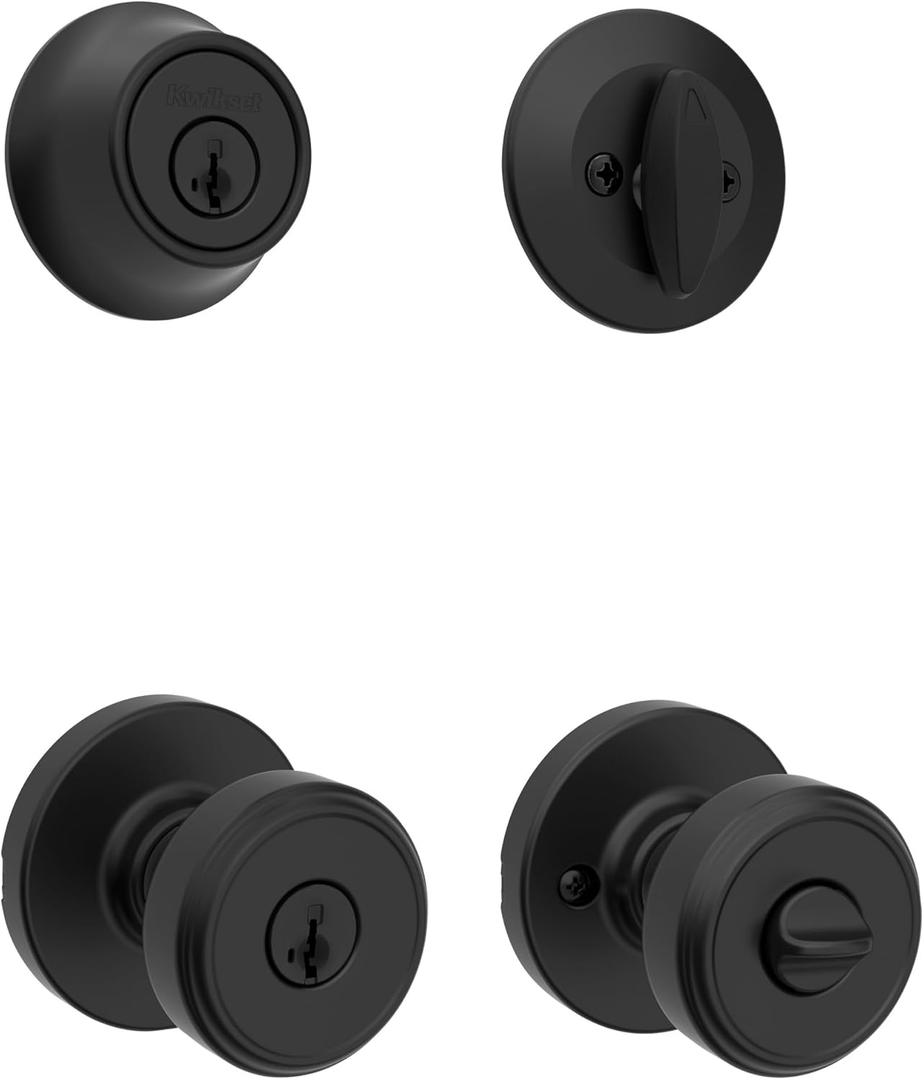 Kwikset Maven Front Door Lock Handle and Deadbolt Set, Entry Handleset Round Exterior with Interior Door Knob, Secure Locking Deadbolt, Matte Black, with Microban Protection