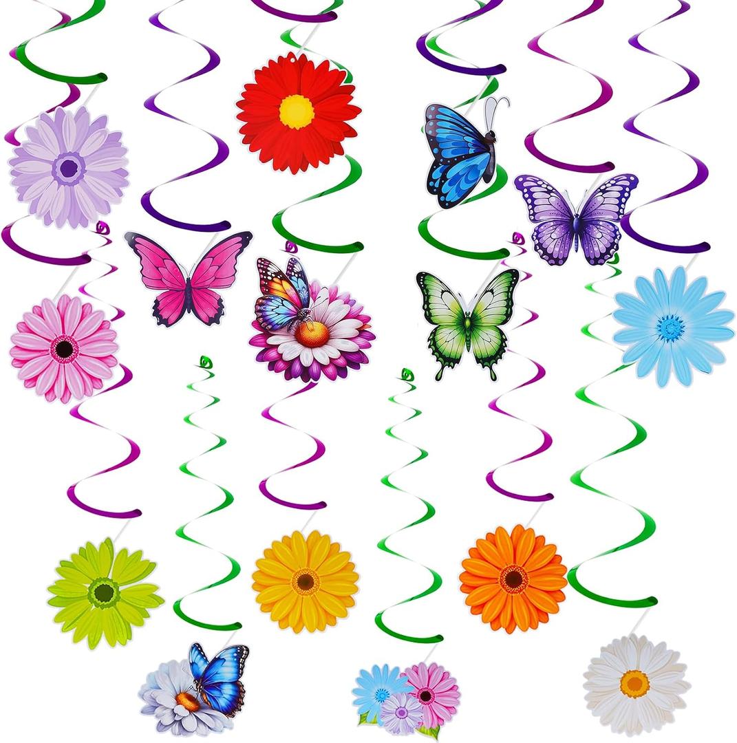 Spring Flower Party Decorations Colorful Daisy Butterfly Hanging Swirls Sun Flower Ceiling Swirl Foil Decorations Hanging Plastic Streamer for Spring Easter Birthday Party Decorations