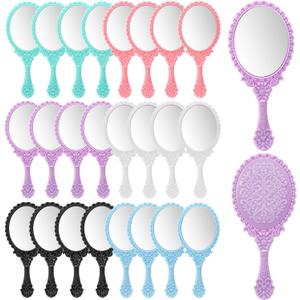 Goaste 24 Pack Vintage Handheld Mirror, Portable Embossed Flower Mirror, Hand Held Decorative Mirrors for Face Makeup, Travel, Camping, Home, Assorted Colors, 7"3"
