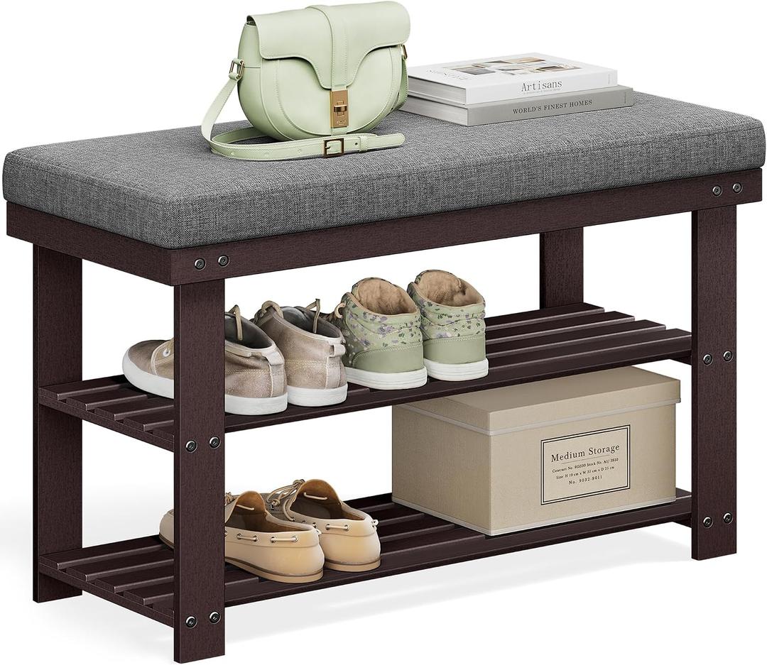 SONGMICS Bamboo Shoe Bench, 3-Tier Shoe Rack Organizer for Entryway, Living Room, Bench Seat Holds Up to 300 lb, 11.9 x 28.3 x 19.2 Inches, Rustic Walnut and Slate Gray ULBS604CG