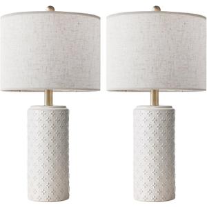 23 Inch Ceramic Table Lamp Set of 2, 3-Way Dimmable Modern White Bedside Lamps with Linen Shade for Bedroom, Nightstand Lamps for Living Room End Table Office, Polished Finish, LED Bulb