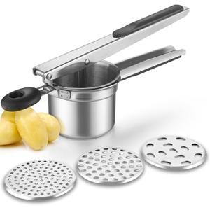 Potato Ricer, Stainless Steel Fruit and Vegetables Masher Food Ricer Large Capacity with 3 Interchangeable Discs & Inner Cup