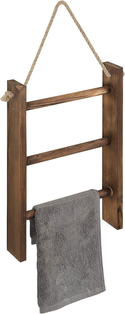 MyGift Rustic Dark Brown Wood Wall Hanging 3 Tier Hand Towel Ladder Rack, Bathroom Towel Storage Rack with Top Rope