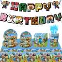 Pixel Birthday Party Decorations, Gamer Party Tableware Set Including Paper Plates, Banner, Napkins, Paper Cup, Tablecloth, Fork, Knife, Spoon (Green-1)