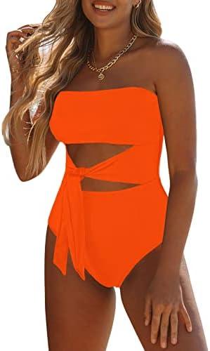 Viottiset Women's Bandeau One Piece Swimsuit Strapless Tie High Cut Out Bathing Suit, L