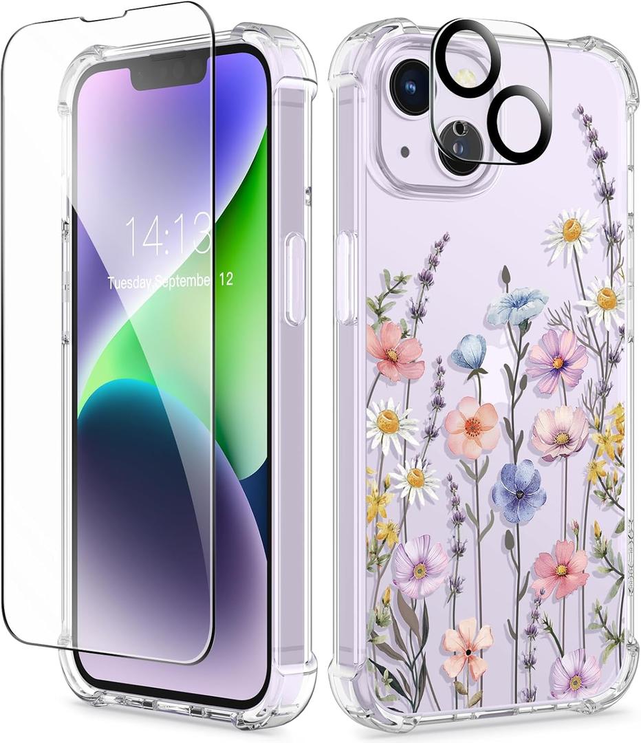 GVIEWIN for iPhone 14 Case Floral, with Screen Protector + Camera Lens Protector,[Non Yellowing] Soft Shockproof Clear Phone Protective Cover for Women, Flower Pattern Design 6.1"(Mallow/Colorful)
