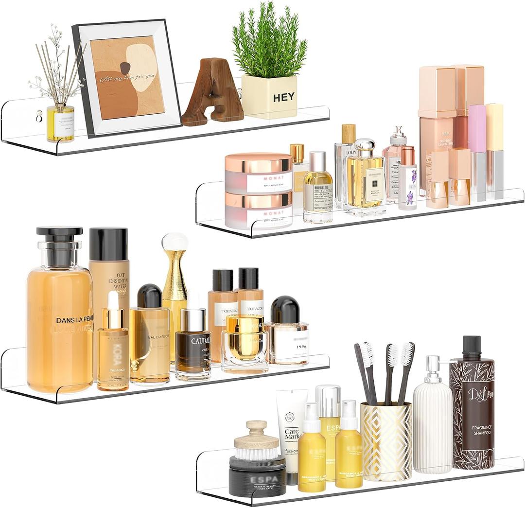 Qukaka Floating Shelves for Wall Decor, 15" Extra Clear Wall Shelves for Bedroom, Living Room, Kitchen, Bathroom Decor, Nail Polish/Book/Decoration/Makeup/Perfume Organizer Floating Shelf-4Pack