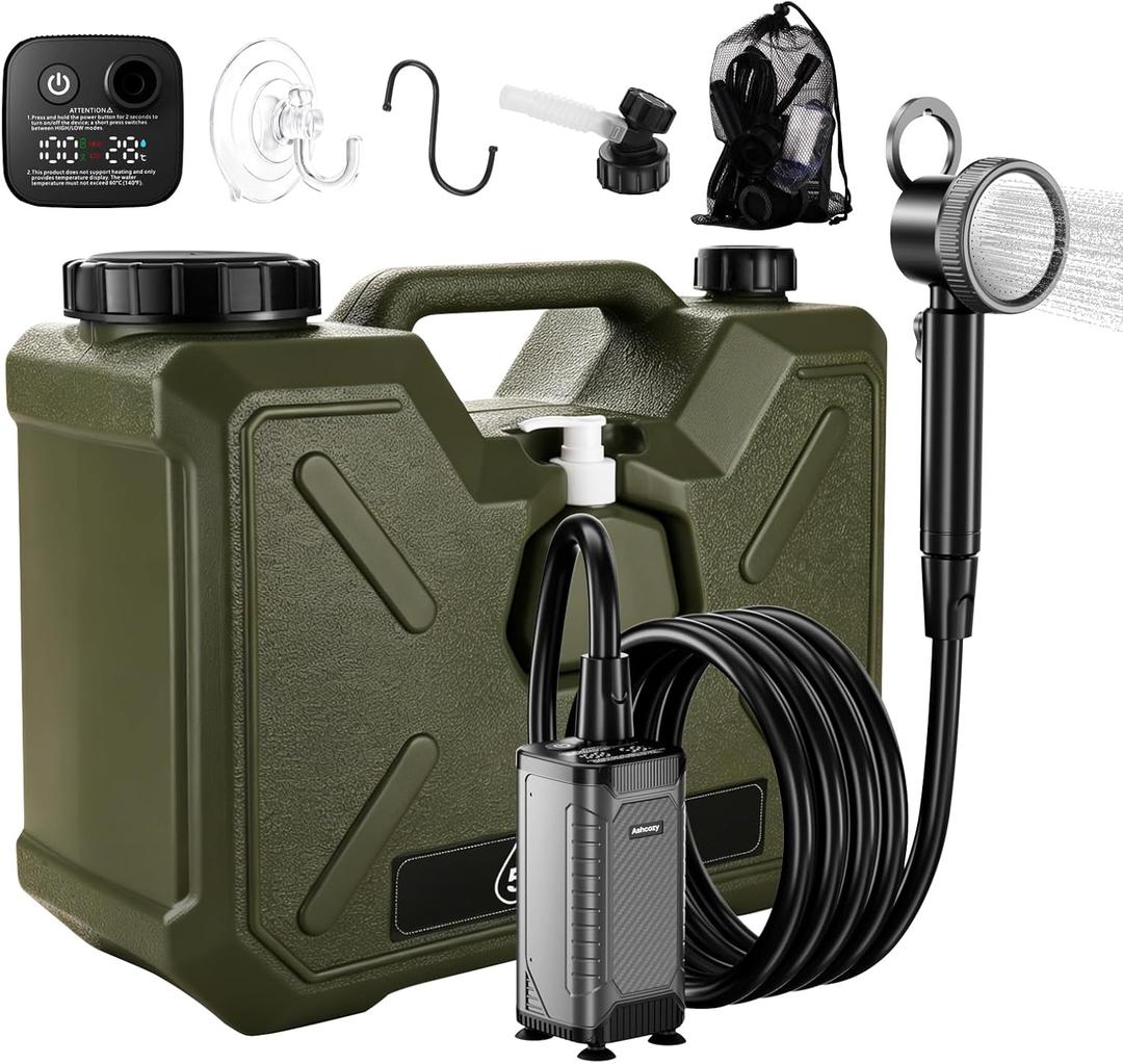 Portable Camping Shower with 5 Gallon Water Jug, 8000mAh Electric Portable Shower Pump, Filtered Showerhead, BPA Free Water Container, Camp Shower Kit for Outdoor Hiking, Travel, Car, Pet Bath