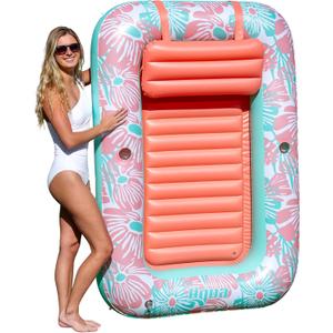 Aqua Inflatable Tanning Pool Lounger – Large (71 x 48 in) – Premium Pool Float with Cupholders and Removeable Pillow for Relaxation and Fun, Pink Flower Coral