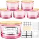 CONNOO 24oz Pink Thick Glass Candle Jars 6 Pack, Multi-Wick Wide Mouth Empty Bulk Candle Containers for Making Candles with Airtight Bamboo Lids, Sticky Warning Labels, Wick kit- Dishwasher Safe