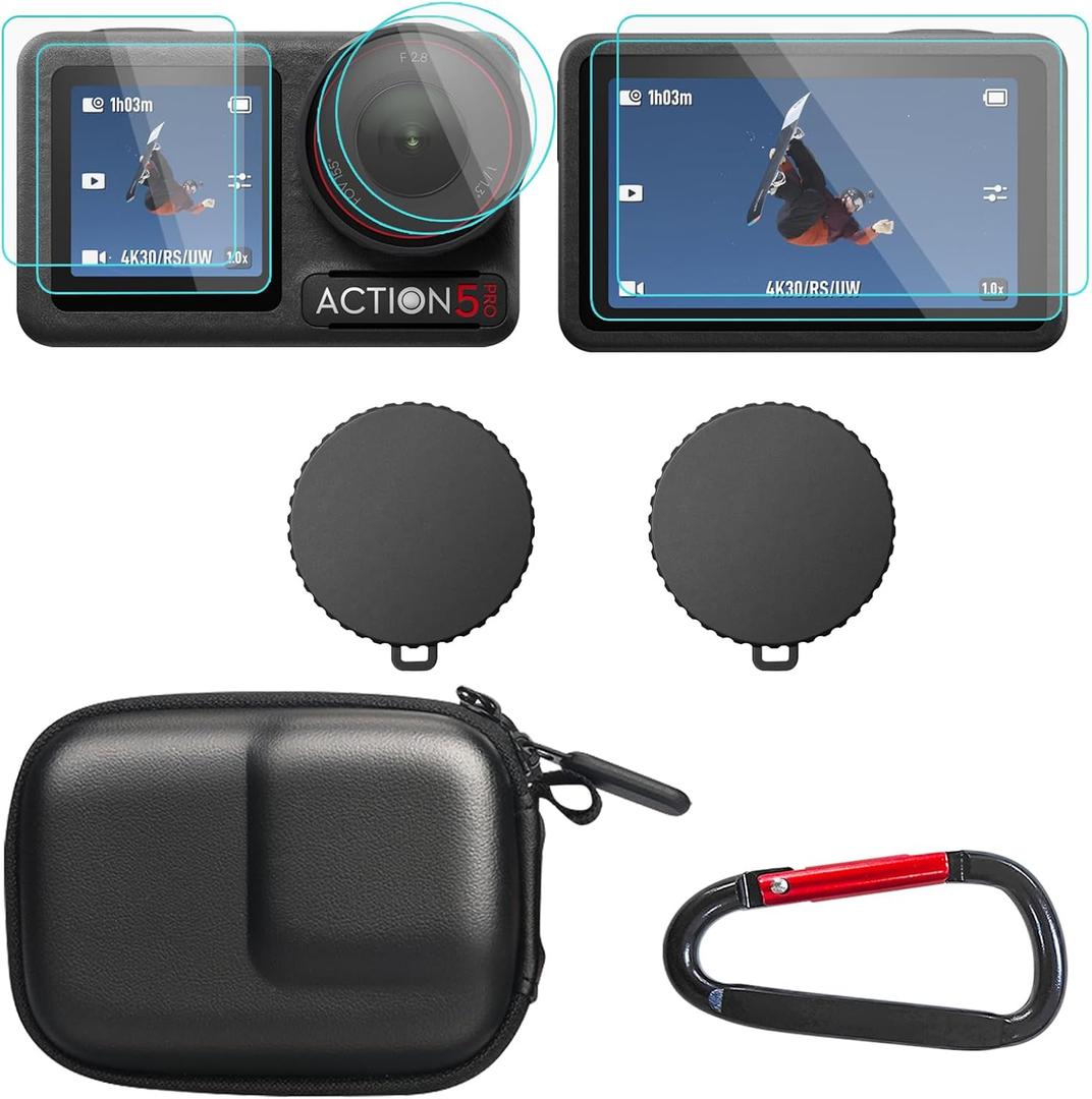 OSMO Action 5 Pro Accessories, PU Portable Mini Carrying Bag Case, Lens Screen Protectors (6 Pack) Comatible with DJI Osmo Action 5 Pro, Rubber Lens Cap Cover for DJI Action Camera
