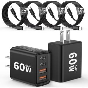 2 Pack USB C Charger Block 60W, 4-Port GaN5 Super Fast Phone Charger, Type C Charging Block PD 20W & QC 20W with 6.6FT USB C Cables for iPhone 17 Air/17/16/15 Pro Max Samsung Galaxy S24