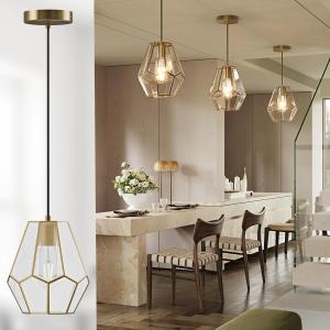 8.66 Inch Geometric Glass Pendant Light, 1-Light Caged Hanging Light, Gold | Open Bottom Design, Stable Metal Frame, Easy to Install & Maintain, for Kitchen Island, Hallway, Living Room, Dining Room