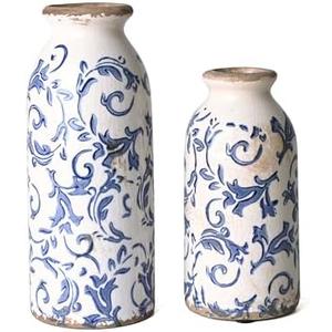VICTOR & TERESA Blue and White Ceramic Vases Home Decor, Farmhouse Vase for Flowers, Flower Vase Set of 2, Rustic Decorative Vases for Pampas Grass, Table, Living Room, Shelf, Centerpieces, 8 inch