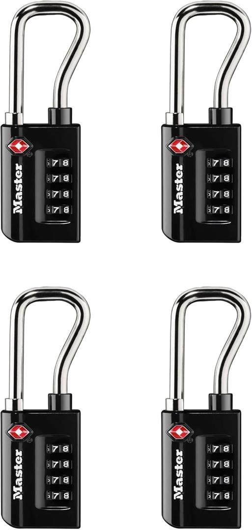 Master Lock Padlock, Set Your Own Combination TSA Accepted Luggage Lock, 1-5/16 in. Wide, Black, 4 pk, 4696EC4