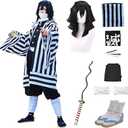 Full Set Halloween Costume For Men Agatsuma Zenitu Party Role Cosplay Costume Kimono Outfit W/Sword Shoes Wig, M