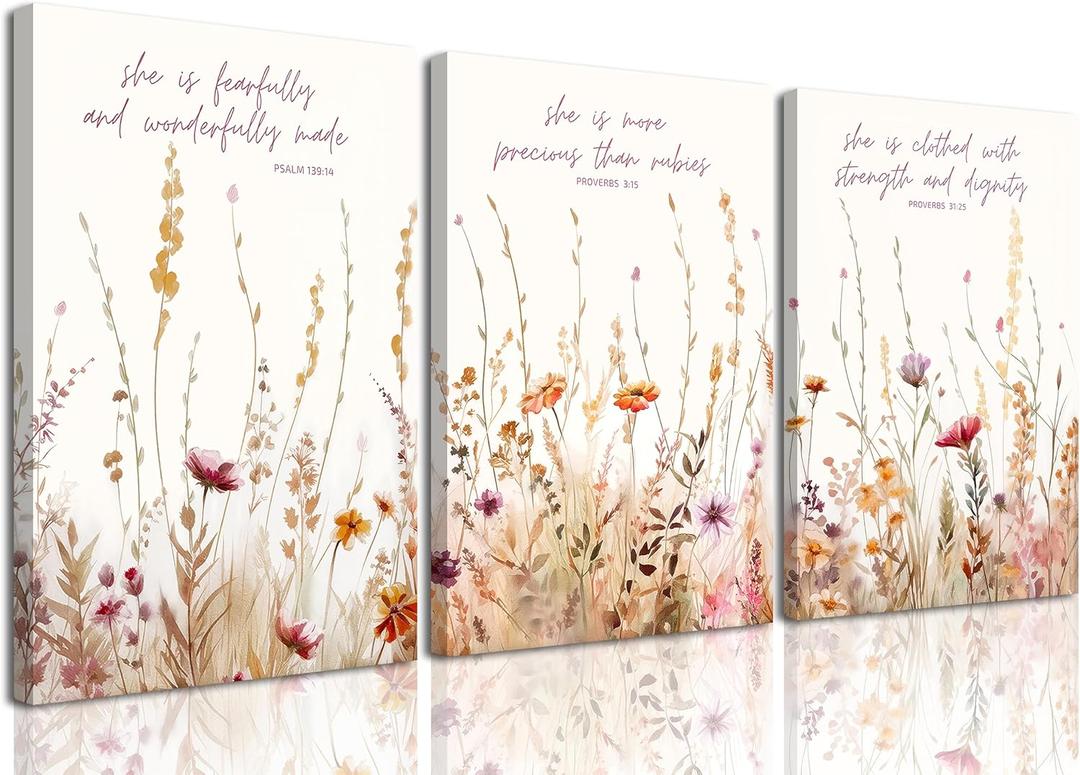 MALEDO 3Pcs Christian Nursery Canvas Wall Art Bible Verse Floral Pictures Wall Decor Boho Wildflower Nursery Posters Vintage Flower Scripture Painting Prints Artwork for Girls Room Living Room Bedroom (16L''x12W''-Canvas)