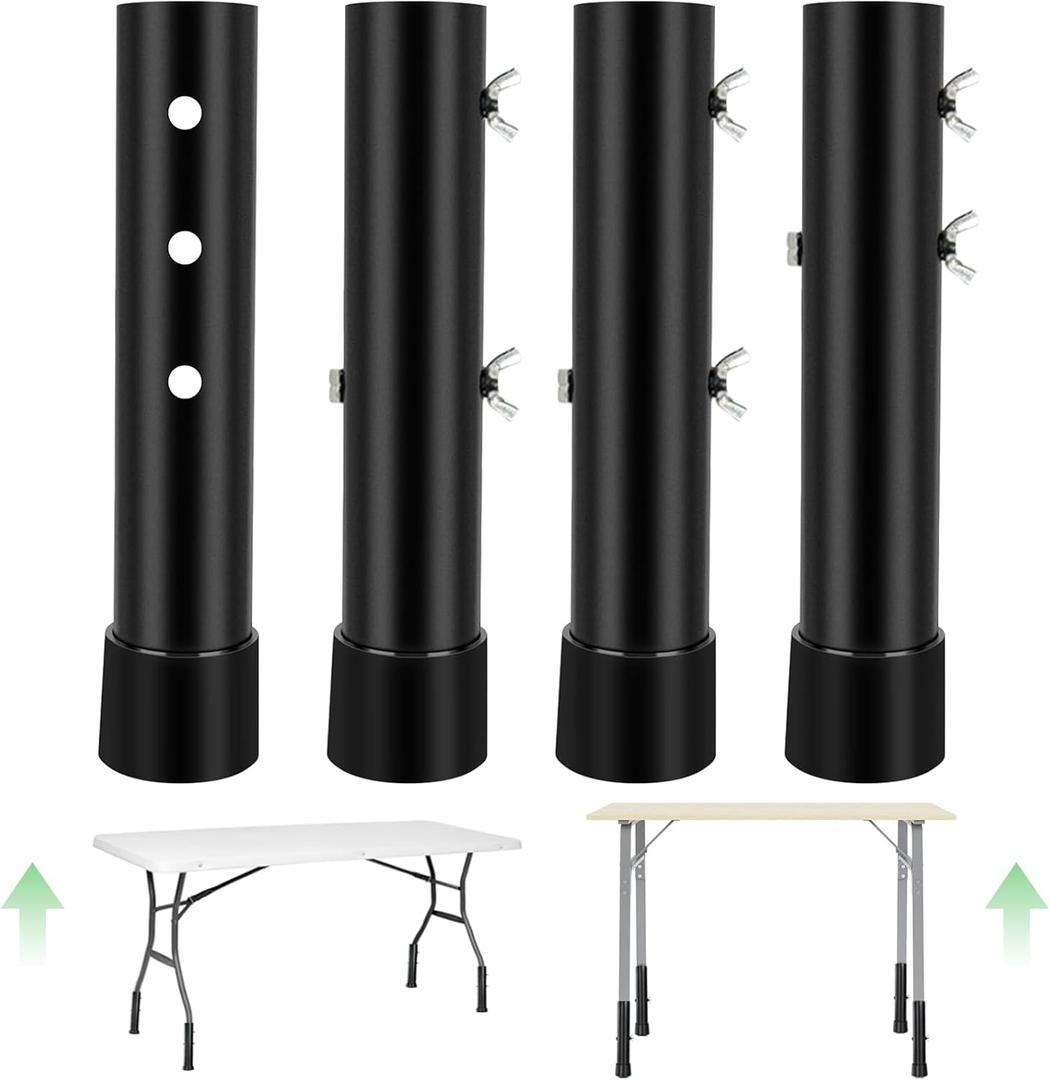 4 Packs Folding Table Leg Extenders, Highly Durable Steel Risers, Table Leg Extensions for Straight and Bent Legs, Adjustable Table Height Extenders for Rise 4.1in - 5.3in