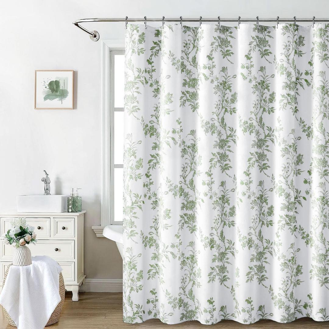 Awellife Vintage Green Shower Curtain, Cotton Floral Cottage Core Spring Shower Curtains for Bathroom 72" W x 72" L