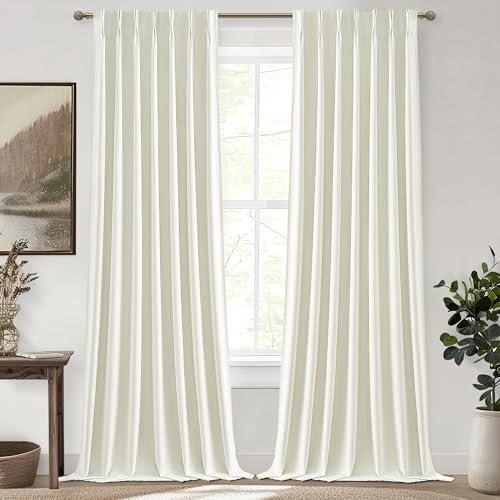 QJmydeco Custom Long 105 Inch Curtains Blackout for Living Room 2 Panels Set Pinch Pleated Noise Cancelling, Modern Cream White 105 Inch Linen Thermal Window Drapes for Winter 40" Wx105 Lx2