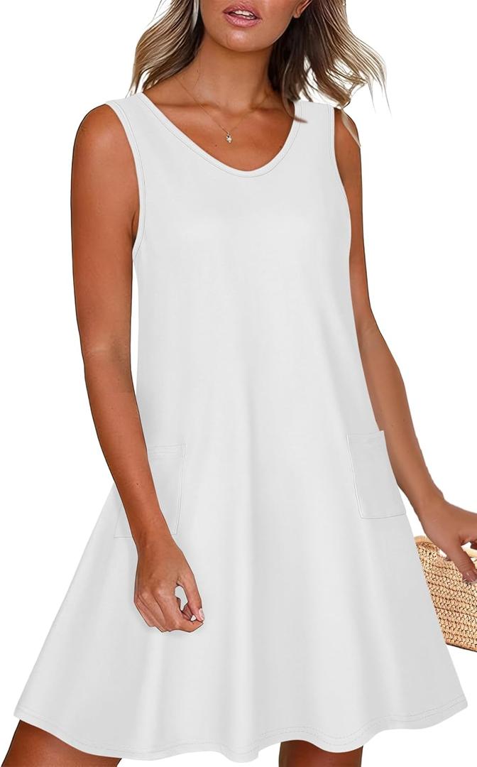 elescat Womens Summer Dresses Casual V Neck Sleeveless Pockets Beach Loose Tank Sundress (Size Large, White)