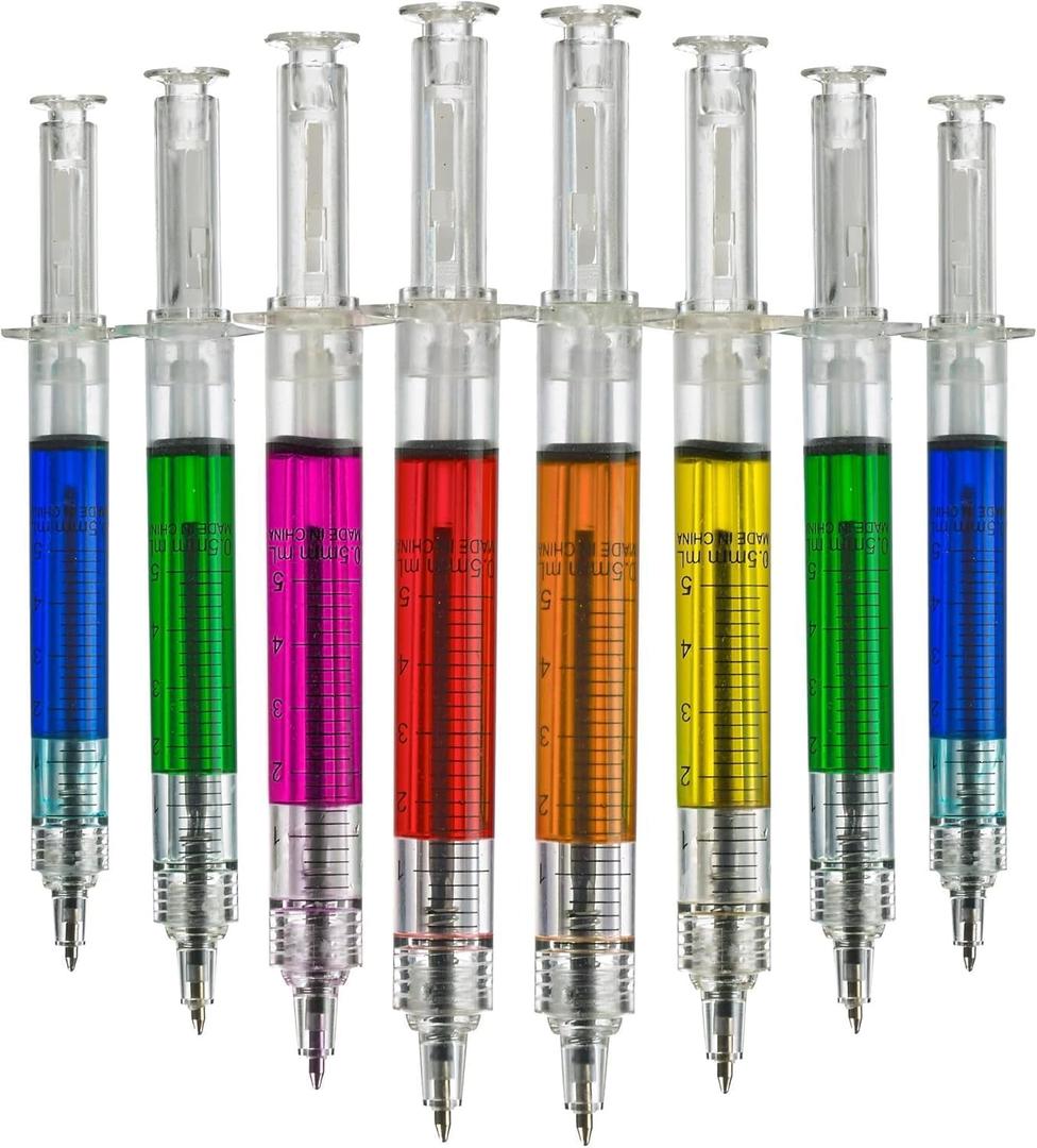 Bedwina Syringe Pens - (Bulk Pack of 12) Retractable Fun Multi Color Novelty Pen for Nurses, Nursing Student School Supplies, Birthdays, Stocking Stuffers and Toy Party Favor Gifts