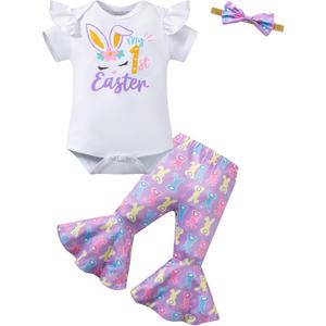 Okbebe Baby Girl My 1st Easter Outfits 3Pcs Infant My First Easter Bunny Pants Set (3-6 Months, White)