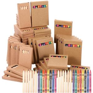 Dunzoom 60 Packs Crayons Colored Pencils Bulk Bundle Pencil Crayon Set 3.5 Inch Mini 6 Color Pencils 8 Color Crayons Mini Boxes in Kraft Box for Kids Classroom School Teacher Birthday Party Supplies