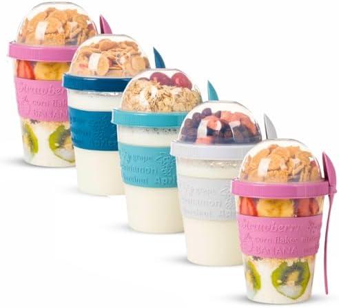 EYNEL On The Go Cereal Yogurt Cups with Lids and Spoon, Overnight Oats Container, Reusable Parfait Plastic Milk Jar Breakfast Crunch Granola Oatmeal Smoothie Snack Prep Bowl To Take Along, Pack 5