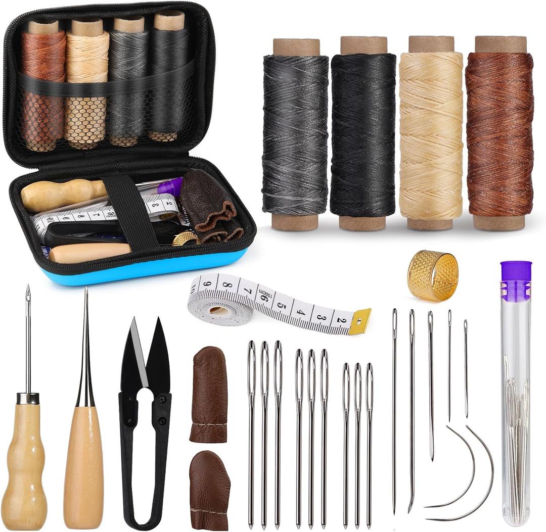 MORFEN Leather Sewing Kit, Leather Stitching Kit with Sewing Awl, Needles, Waxed Thread, Upholstery Repair Kit, Heavy Duty Sewing Tools for Hand Stitching Car Seats, Sofa, Carpets, Shoes, DIY Craft (Multicolor (Standard Kit))