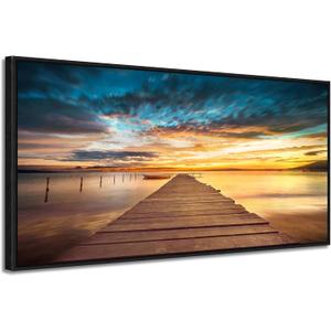 Pier Framed Canvas Wall Art - Landscape Picture Sunset Lake Dock Painting Prints Nature Scenery Artwork for Bedroom Living Room Home Office (48"L x 24"W)