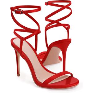 Coutgo Womens Strappy Lace up Heels Sandals Sexy High Heeled Ankle Strap Summer Dress Shoes (11, Red)