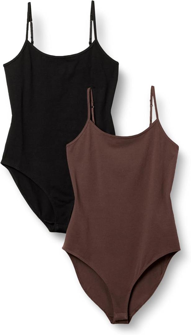 Amazon Essentials Women's Slim-Fit Cami Bodysuit, Pack of 2 (XX-Large, Black/Brown)
