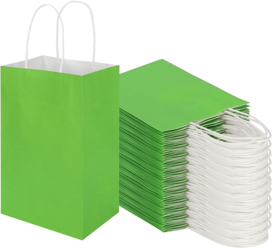 100 Pack 5.25x3.25x8.25 Inch Small Grass Green Kraft Paper Bags with Handles Bulk, Toovip Gift Wrap Bags for Favor Grocery Retail Party Birthday Shopping Business Goody Craft Merchandise Takeout Sacks