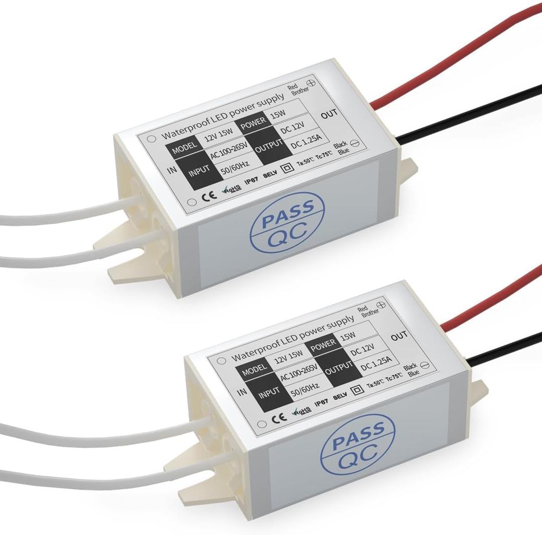 Lustaled DC 12V Power Supply Driver Transformer - 15W Waterproof IP67 120VAC to 12V DC Converter Constant Voltage Switching Power Supply for LED Strip Lights, G4 MR11 MR16 Display (2-Pack)