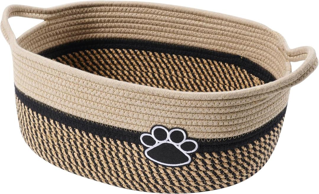 Small Woven Baskets for Organizing Rope Storage Basket with Handle Cute Cotton Nursery Gift Dog Toy Bins Organizer-Black&Beige