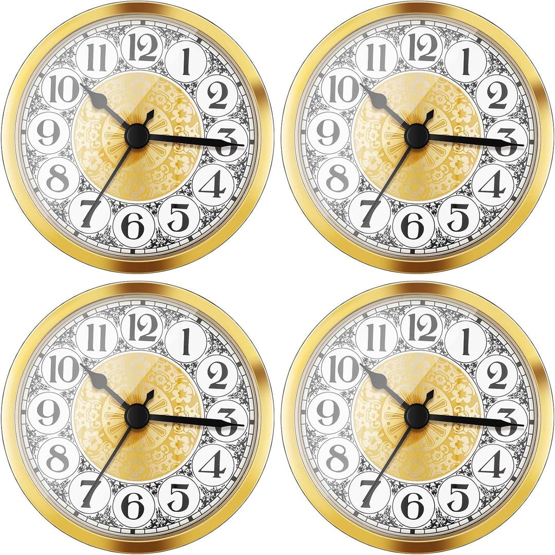 Outus 4 Pack 3-1/2 Inch (90 mm) Round Quartz Movement Clock Fit Up/Insert with Gold Trim and Arabic/Roman Numeral(Retro)