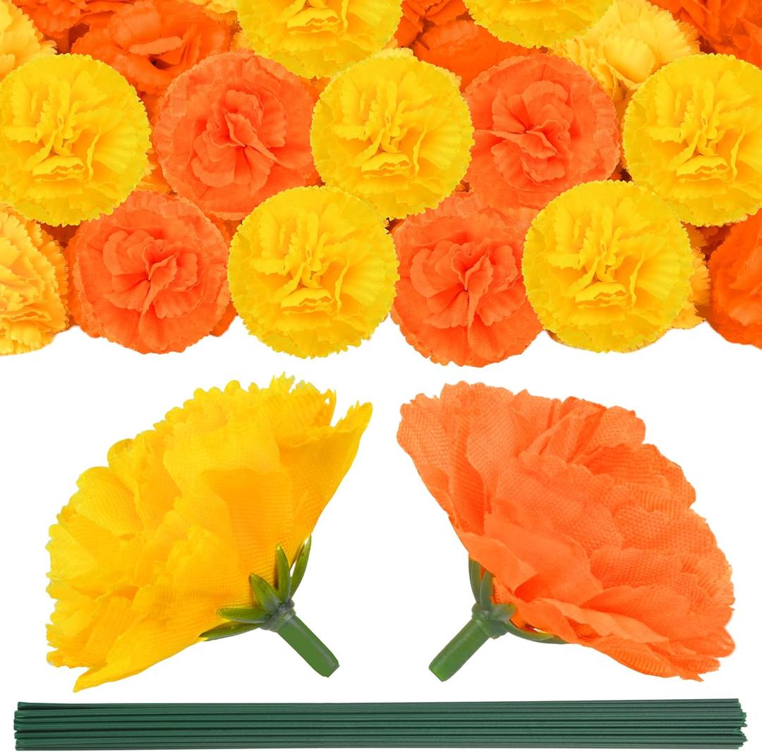 60 pcs Marigold Flowers Heads Bulk Orange and Yellow Artificial Marigolds with Stems Fake Flower Heads DIY Marigold Garland for Day of The Dead Halloween Diwali Party Decorations Home Decor
