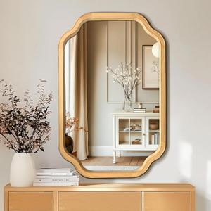Wooden Bathroom Mirror for Wall, 24" x 36" Rustic Vanity Mirror for Over Sink, Natural Wood Wall Mirror with Decorative Rounded Corner Frame for Bathroom,Farmhouse, Entryway, Bedroom, Living Room