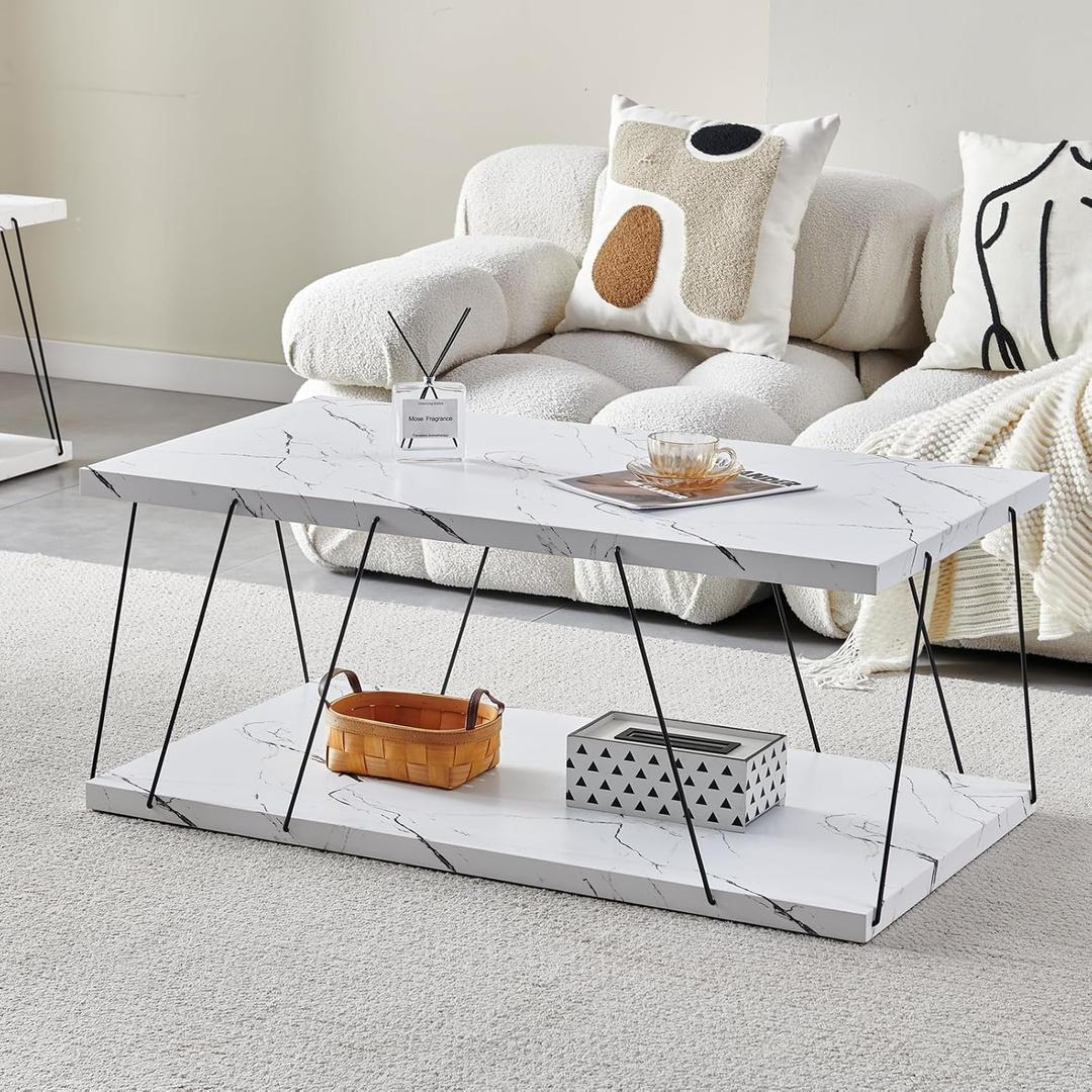 Btrpily Wooden Coffee Table - Modern Marble Coffee Table Contemporary, Stylish, High-End Furnishing for Your Living Room (White Marble, Rectangle)
