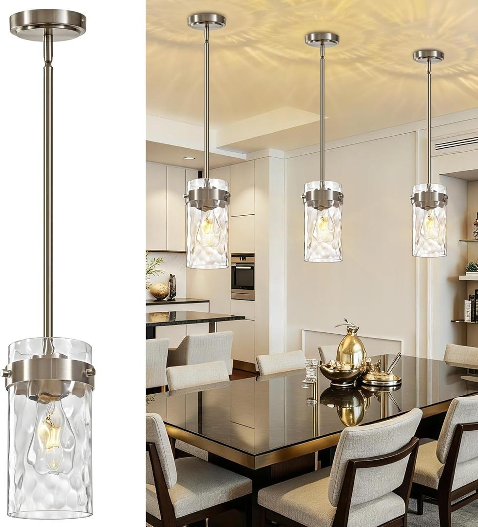 4.72" Hammered Glass Pendant Lighting for Kitchen Island 1 Pack, Modern Brushed Nickel Pendant Light Fixtures, Adjustable Ceiling Pendant Light for Kitchen Island Dining Room Bedroom Hallway