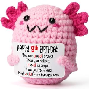 9 Year Old Girl Birthday Gift Ideas, Mini Crochet Axolotl Plush for 9th Birthday Gift for Girls, 9th Pink Decorations, 9 YO Presents Axolotl Toy, 3.15-3.94 inches