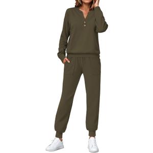 SHESHOW Women Two Piece Outfits Lounge Sets V-neck Button Down Sweatshirt High Waisted Joggers Trendy Tracksuit (Medium, Green)