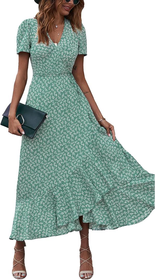 PRETTYGARDEN Women's Boho Floral Maxi Dress Summer Short Sleeve Wrap V Neck Long Flowy Beach Vacation Wedding Guest Dresses (Green, XL)