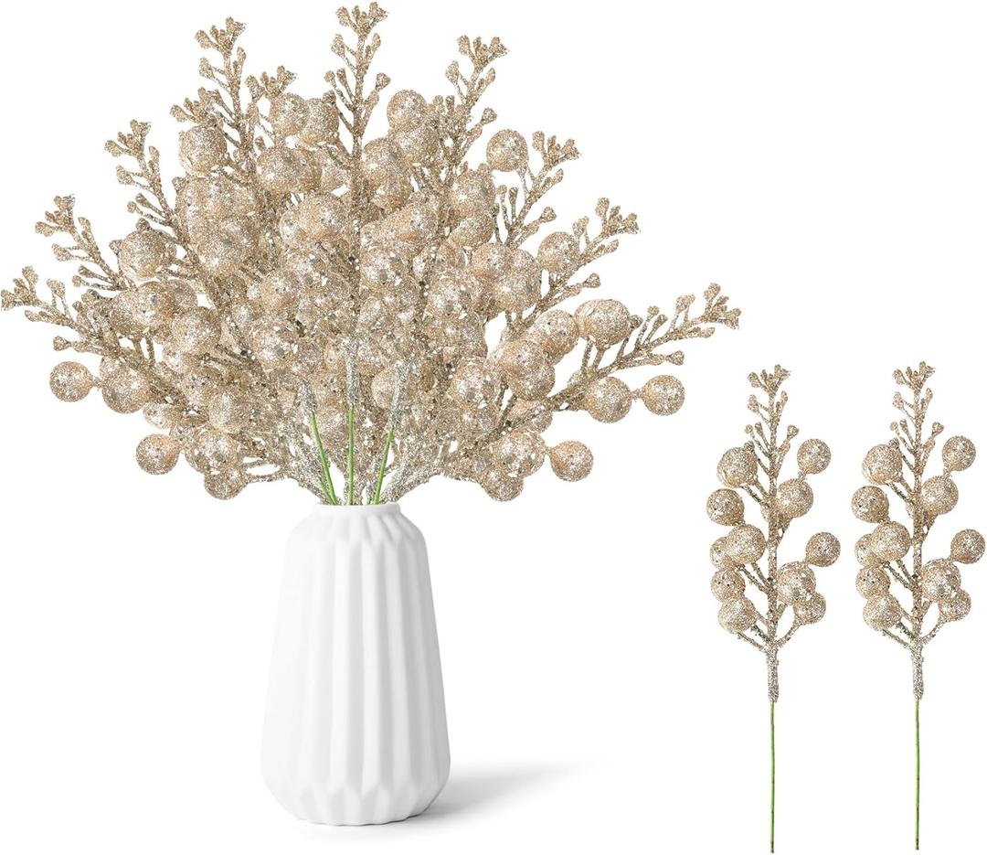 16 Pcs Christmas Berry Stems,7.8 Inch Artificial Champagne Christmas Ornaments Christmas Tree Decor,Xmas Tree Filler Decorations Glitter Berry Stems for DIY Xmas Wreath Wedding Party Decor