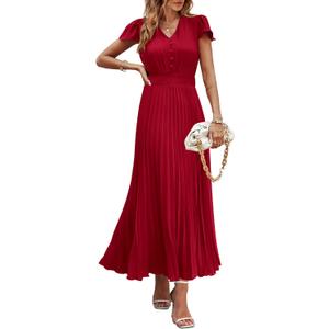 PRETTYGARDEN Women's Summer Maxi Dresses 2026 Trendy Casual Button V Neck Ruffle Cap Sleeve Long Flowy Spring Pleated Dress (L)
