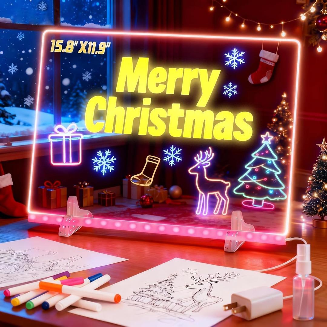 LED Drawing Board for Kids - 20 Inch Erasable Acrylic Electronic White Boards, with 7 Fluorescent Markers,Stand, 7 RGB Colors & 4 Modes - Creative Fun & Christmas Gift for Grandkids