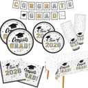 Graduation Decorations Class of 2026 Congrats Grad Party Dinnerware Set White and Gold Disposable Paper Plates Napkins Cups Tablecloth Banner for Gatherfun Decorations 2026 , Serve 25