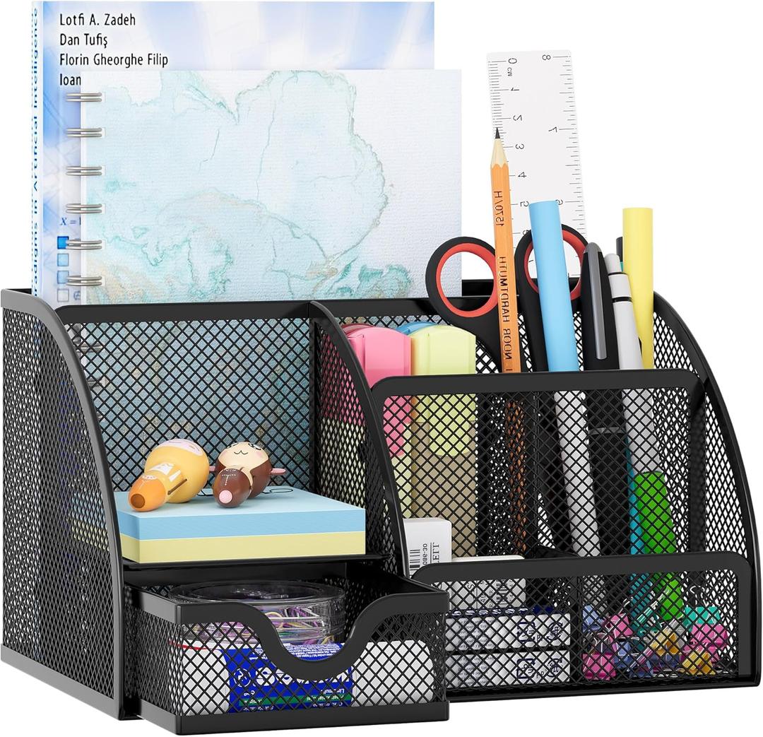 EasyPAG Mesh Desk Organizer, Multi-functional Stationery Organizer for School Supplies, Office Pen Holder for Desk, 6 Compartments Dorm Organization with Drawer, Black
